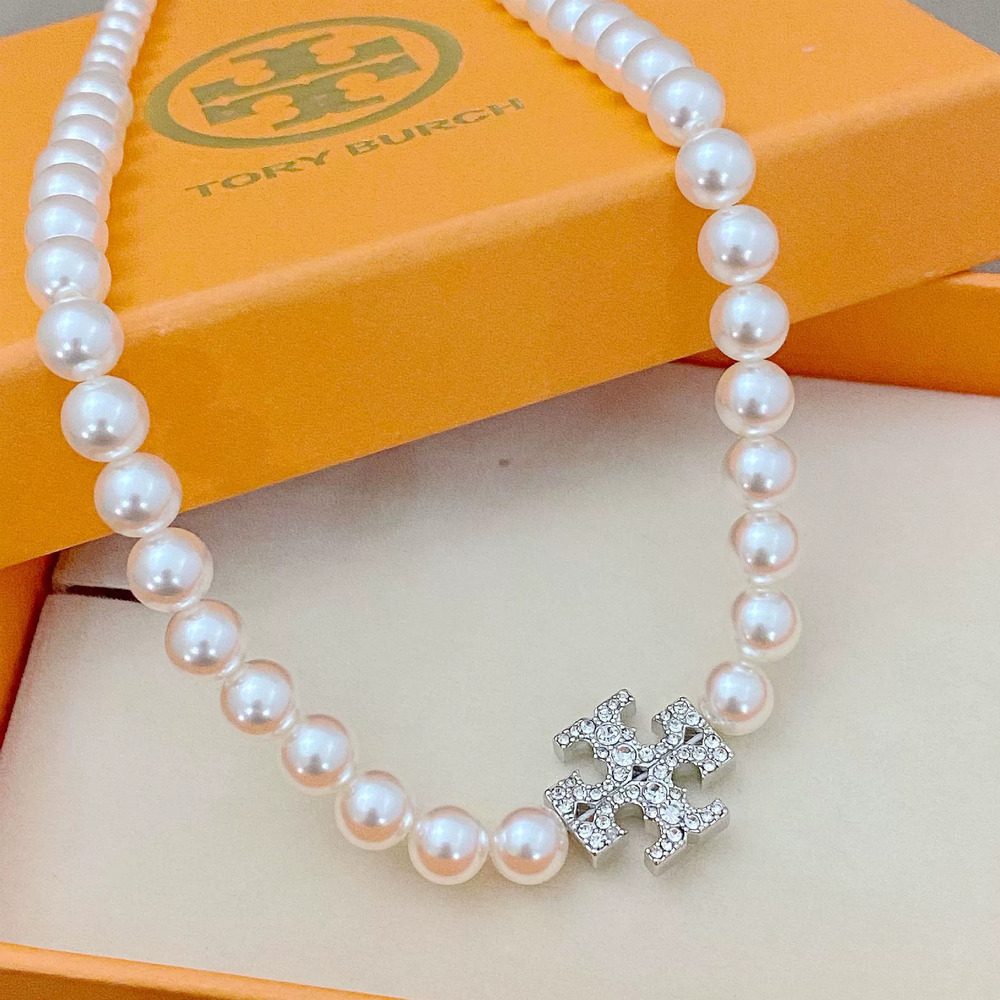 Tory Burch Letter Pearl Rhinestone Metal Necklace - Picture 2 of 7